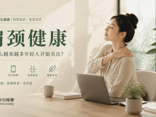 年轻人在办公室工作后进行肩颈放松，关注现代生活中的肩颈健康