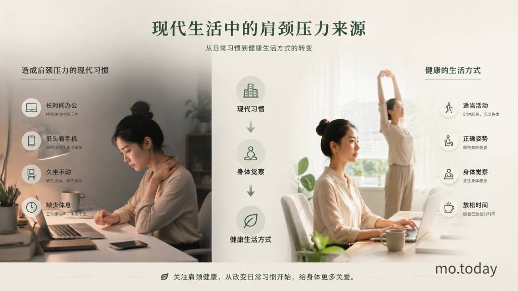 现代生活方式导致肩颈压力，年轻人在办公环境中改善姿势并关注身体健康