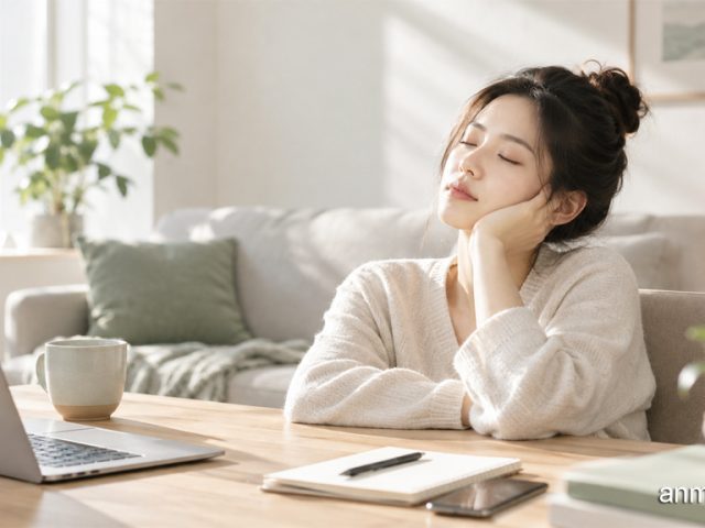 一位女性在温暖明亮的居家办公环境中闭目休息，表现日常疲劳与放松的主题。